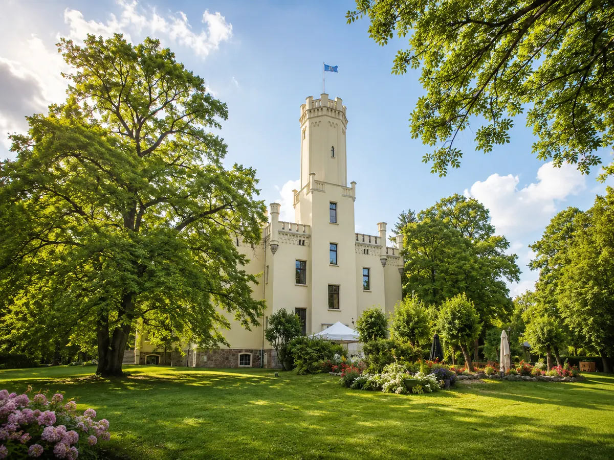 Turmseite von Schloss Reichenow im Park