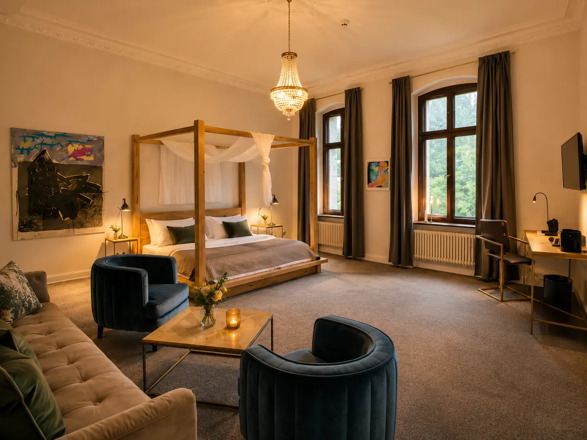 Großzügiges Hotelzimmer im Schloss Reichenow mit Himmelbett und Sitzbereich