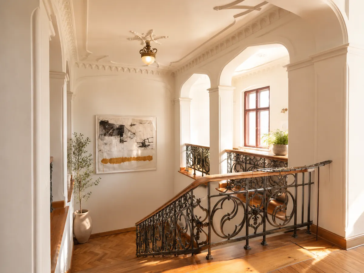 Historisches Treppenhaus und Bibliotheksbereich im Schloss Reichenow