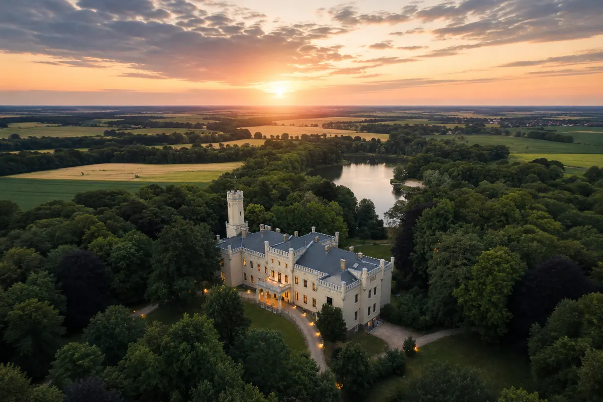 Schloss Reichenow aus der Luft mit Schlosspark, See und Brandenburger Landschaft