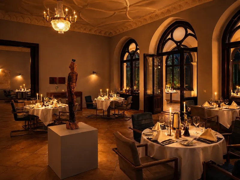 Schlossrestaurant Reichenow mit gedeckten Tischen im warmen Kerzenlicht
