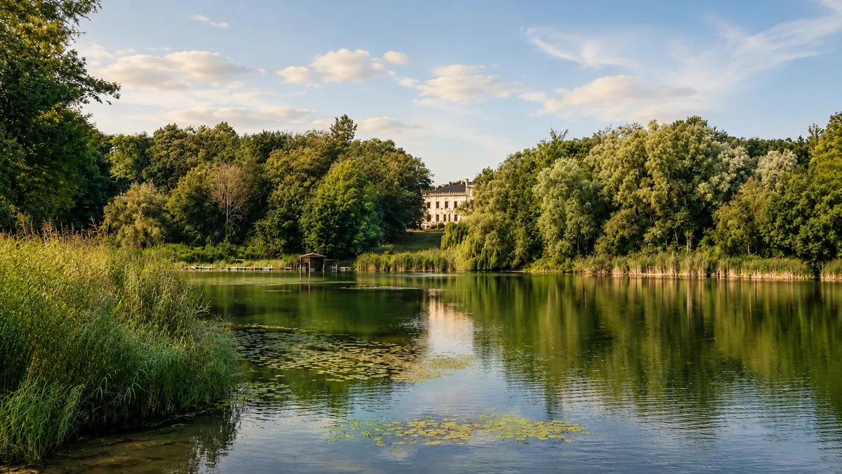 Blick über den Schlosssee mit Schloss Reichenow im Hintergrund